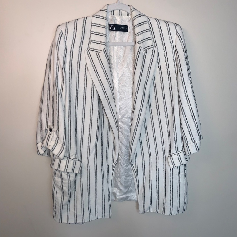 Zara Cotton Linen Striped Blazer M